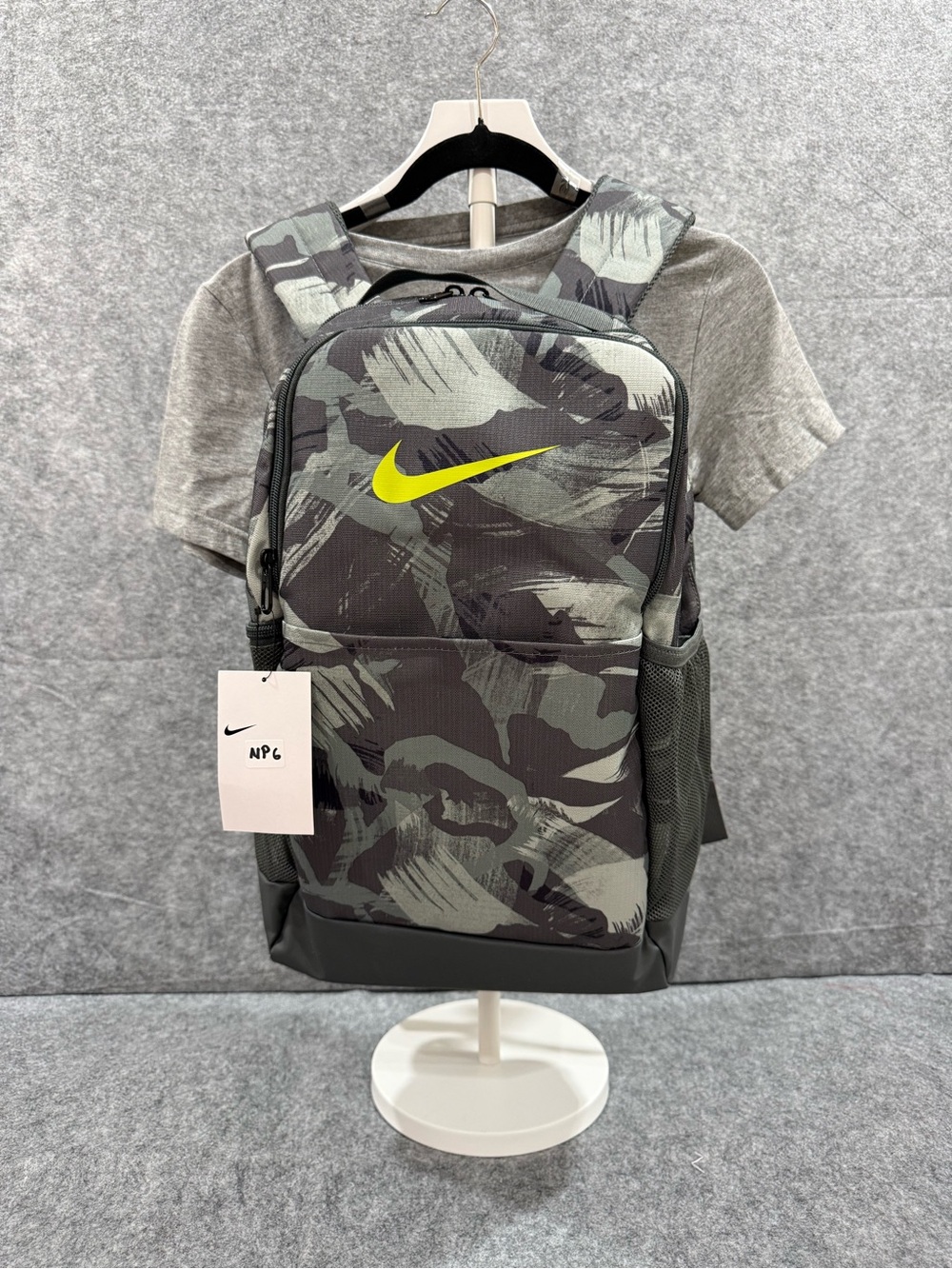 Nike Brasilia Grey Camo Backpack Yellow Swoosh 24L